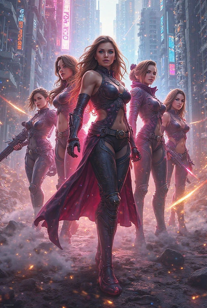 6 female heroes, 6 hero women in suits,combat suit with short skirt and short torso showing the belly, sorted suits && dynamic, city hours, hall of heroes, high qualiy,photorrealistic,detailded,organized action pose, corpos de heroin,perspiring,Facial expressions,Depth of field,dramatic lighting