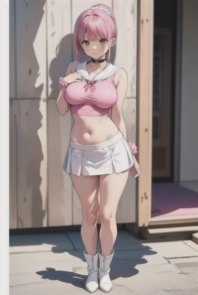 masterpiece, best quality, sakura haruno, cute, sexy, pink panties, knee socks, chubby, long legs, from fro, pink bra, nude, small skirt