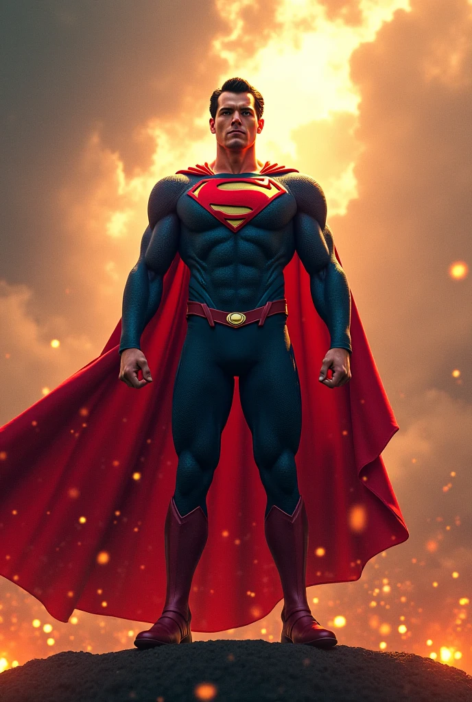 The son (male) de flash y supergirl, adult, with a fused suit of both superheroes (Red and blue), and with a cape, rubio... Con traje de flash y supergirl fusionados, and lightning emblem and the "s" (de superman)