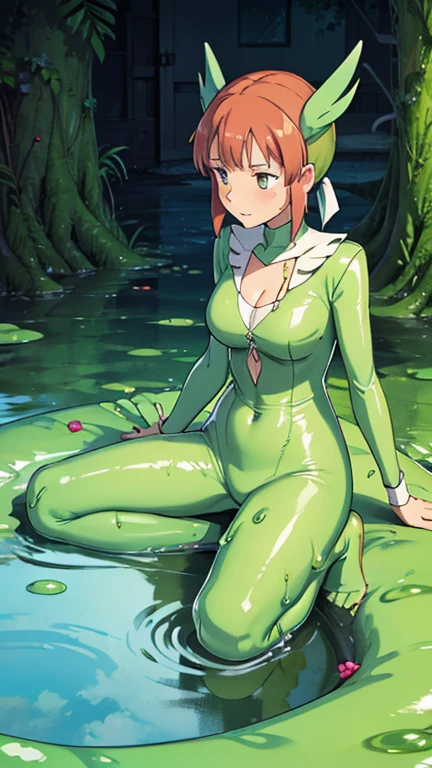 high quality, masterpiece, detailed, Touhou, Moriya Suwako, (green latex suit), The clothes fit perfectly, latex has a strong metallic sheen, Glossiness, shiny, sweat, steamy, whole body slimy, blond hair, yellow eyes, sidelocks, red hair ribbon, straw hat, lewd face, Spread legs, Close-up on crotch