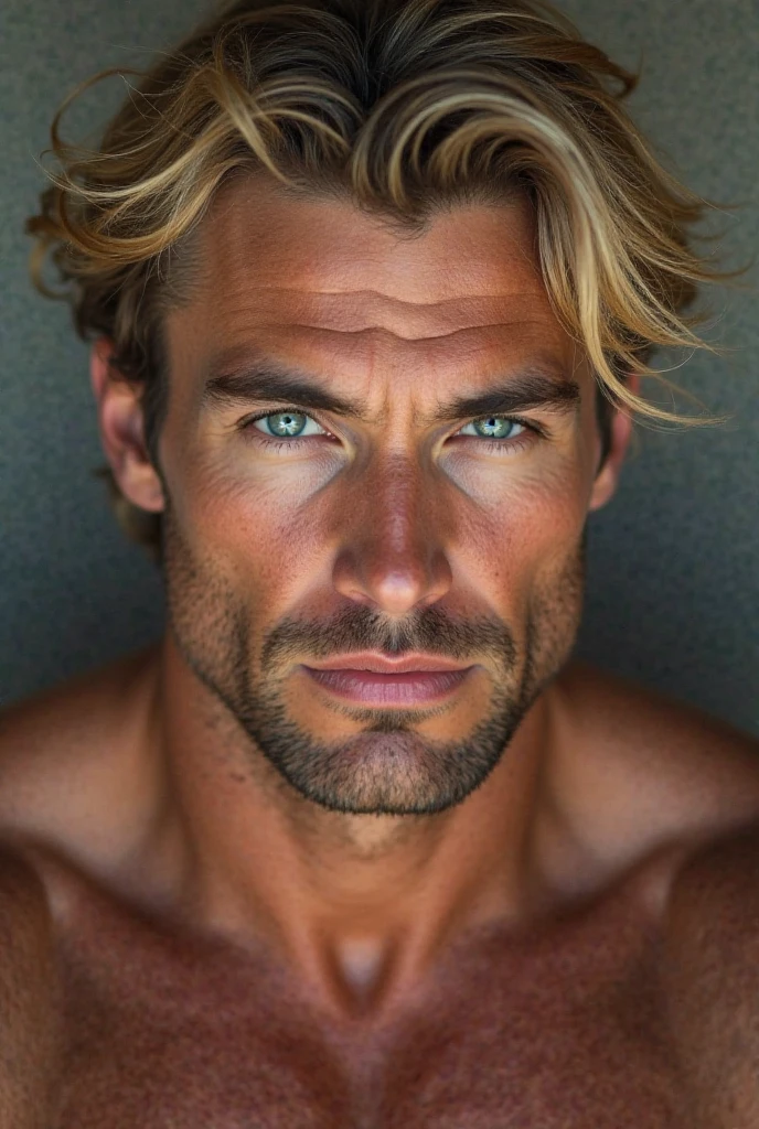 Good looking 33 year-old guy with blue eyes, blonde hair a beard and a very hairy chest on the beach