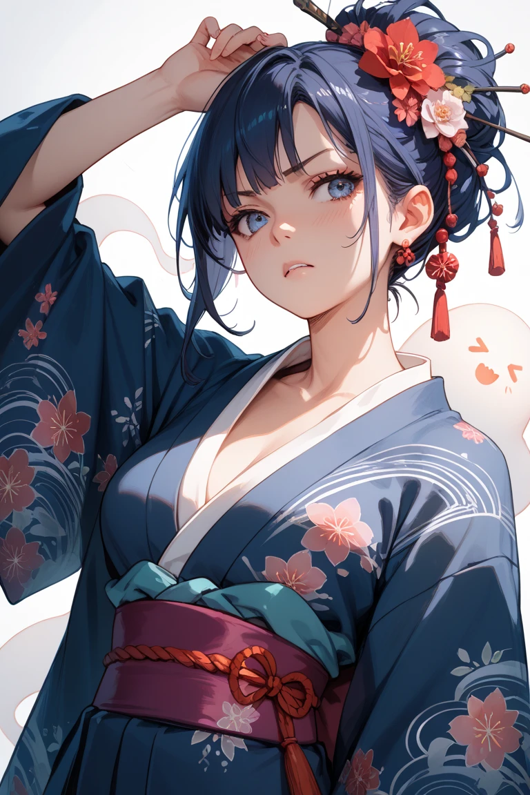 hayami kanade, idolmaster cinderella girls, in bedroom, 1girl, solo, full body, short hair, parted bangs, yellow eyes, large breasts,
BREAK ((Blue Yakata,kimono,japanese clothes:1.5)) 
BREAK poses in a miniskirt, and unbuttoned blouse, very sexy , (cleavage in V:1.3),
BREAK (masterpiece:1.2), best quality, high resolution, unity 8k wallpaper, (illustration:0.8), (beautiful detailed eyes:1.6), extremely detailed face, perfect lighting, extremely detailed CG, (perfect hands, perfect ???????),