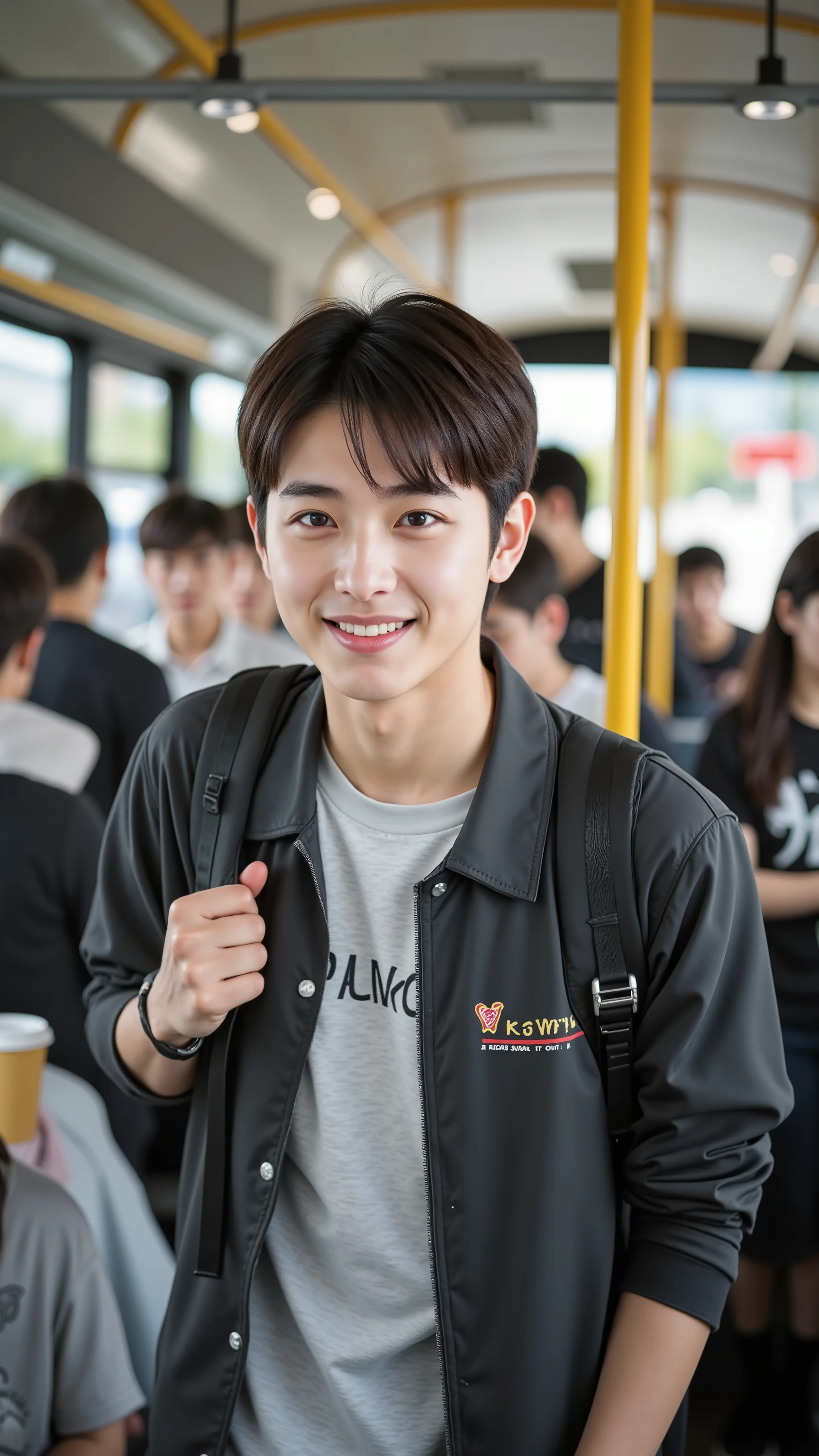 live-action、cute male college student、short hair、 bus、getting ready to go out、short hair、smile