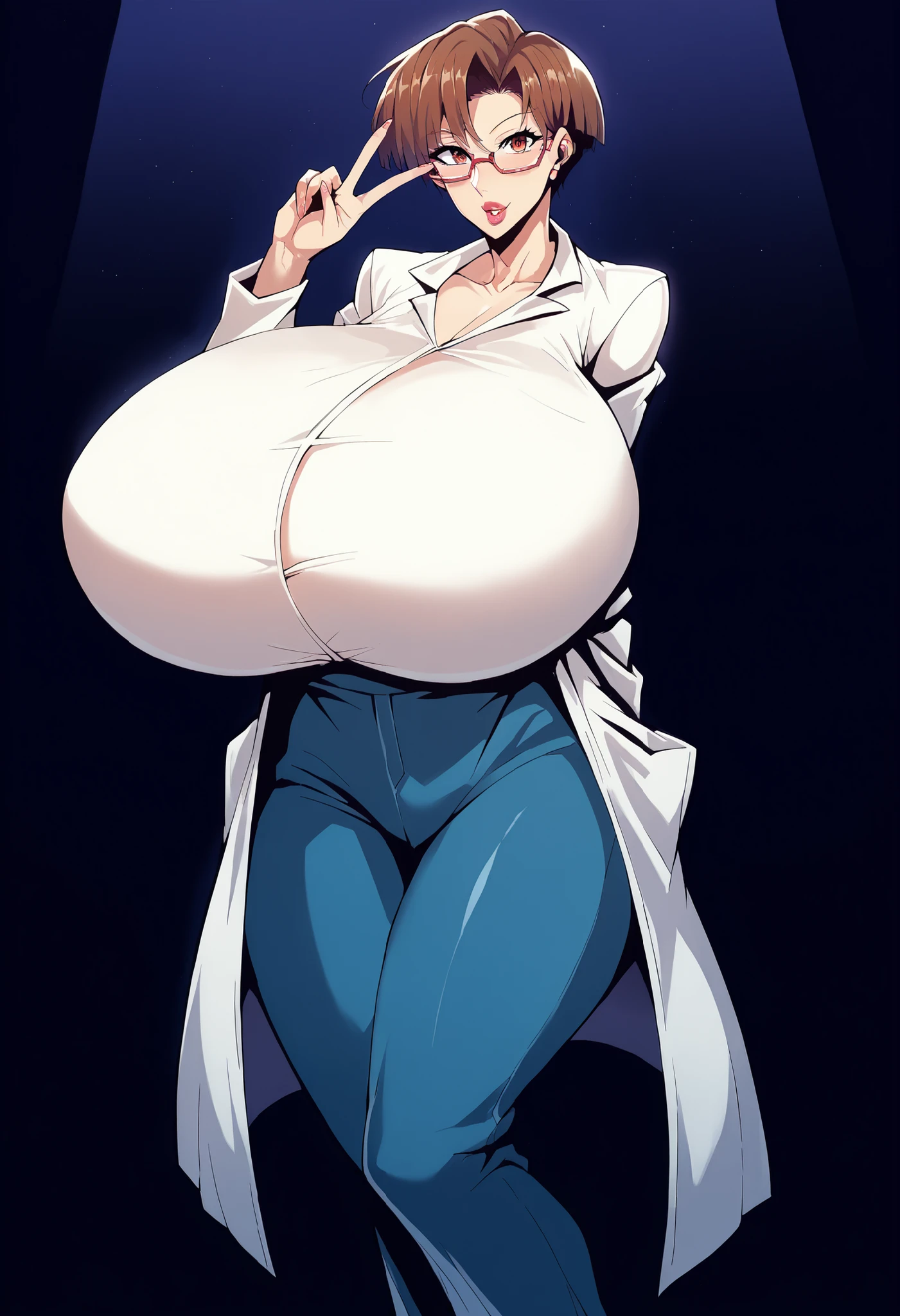 seductive face, Big fake lips, score_9, score_8_up, score_7_up, score_6_up,(masterpiece, best quality, high detailed, 8k, 32k, uhd:1.2),Cowboy shot,fine features,(materpiece), highres, realistic,scenery, full body, Anatomically correct Milf, full body, Anatomically correct, Italian woman, high cheekbones, up turned nose, slim thick, short pixie cut hair, middle-parted, black pixie cut, rectangular glasses, big plump lips, glossy lips, tall, curvaceous, wide hips, massive breasts, huge ass, milf, white lab coat, V-neck top, pants, brunette, porcelain skin, fully clothed, HyperSag, huge breasts, gigantic breasts, modeling, lips bimbo,score_9, score_8_up, score_7_up, score_6_up, score_5_up, score_4_up, 1 woman, (huge breasts: 1.4), {{{Masterpiece}}, {{{Hyper Detailed}}}, {{{best quality}}},score_9, score_8_up, score_7_up, score_6_up, score_5_up, score_4_up, 1 woman, (huge breasts: 1.4), {{{Masterpiece}}, {{{Hyper Detailed}}}, {{{best quality}}}, office background, #Anime #Style, facing forward towards viewer, nagatiti, puripurijet