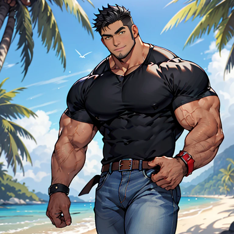 The feeling of youth,( Tattoo),(Thick body hair),Upper Body,(He was wearing baggy shorts,Showing his length, muscular, hairy),(Leaning against a tree),(For the audience) ,(Put his hands on his waist), (Pay attention to your audience) ,(There is a huge bulge in the area),sideways,Sharp eyes,(Thick dark brown hair),(Bottom-up view),shoulder width,Muscles protrude a lot,Highest image quality,cartoon ,Anime Wallpaper,Chest muscle expansion,Spread your legs,Sexy,(main part, best quality),((Exaggerated muscle bulge)),The protagonist is tall,muscular and bulky, muscular characters, Great and cool, tall and muscular, muscular!!, Very strong, muscular attractive men, Huge muscles, Big Muscle, Muscle Man, Anime handsome man, muscular!, Huge muscles, muscular bodies,(Photo from bottom to top) (Highest quality images) ,Close-up photos,Lion Man ,real, young, , Wear shorts, Crotch protrusion, Anime Characters, Leaning against a tree, Legs open, Male face, bonito rosto young, Short hair, Huge pectoral muscles, 大腿muscular, Biceps tendon, Huge body, High-intensity training makes your body more fit, muscular, 8 pieces transparent ABS, A 3-meter-tall,, , Radiant Skin, Dihan.and, (Hands on thighs), barefoot, No beard,Thick Legs,Photos from head to knees,The character is a burly man,Wear a white sleeveless vest,Surrealistic pattern on vest,Dynamic Action,View from the abdomen,Exaggerated deformation,画面整体突出他发达的肩膀and胸大肌,Light from above, Muscular,Upper Body,Clothes show shoulders,locker room,黑色圆形Tattoo