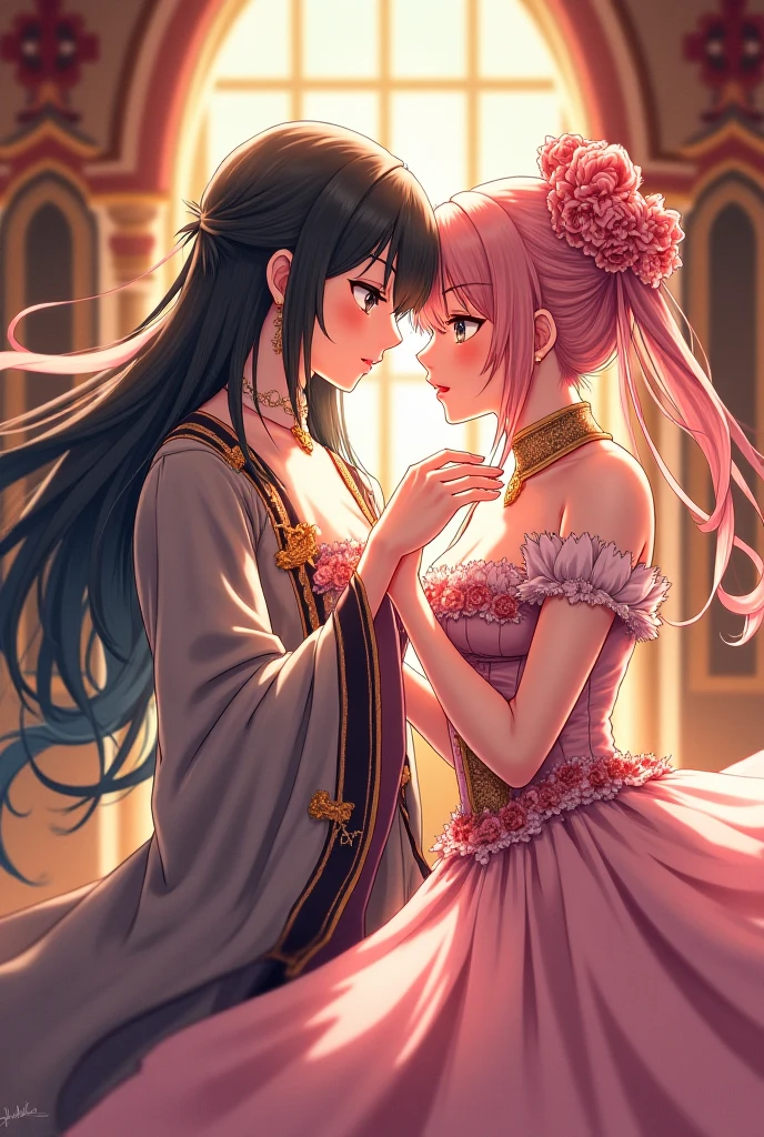 highest quality, masterpiece, highest resolution, artwork, super それにget used to it, many get used to it, get used to it, それにget used to it, woman, ,the two girls are princesses,((pink victorian voluminous ball gown dress)),long sleeve,long dress,A dress with lots of frills and ribbons..wears a tiara on the head,luxury,two people kiss,
