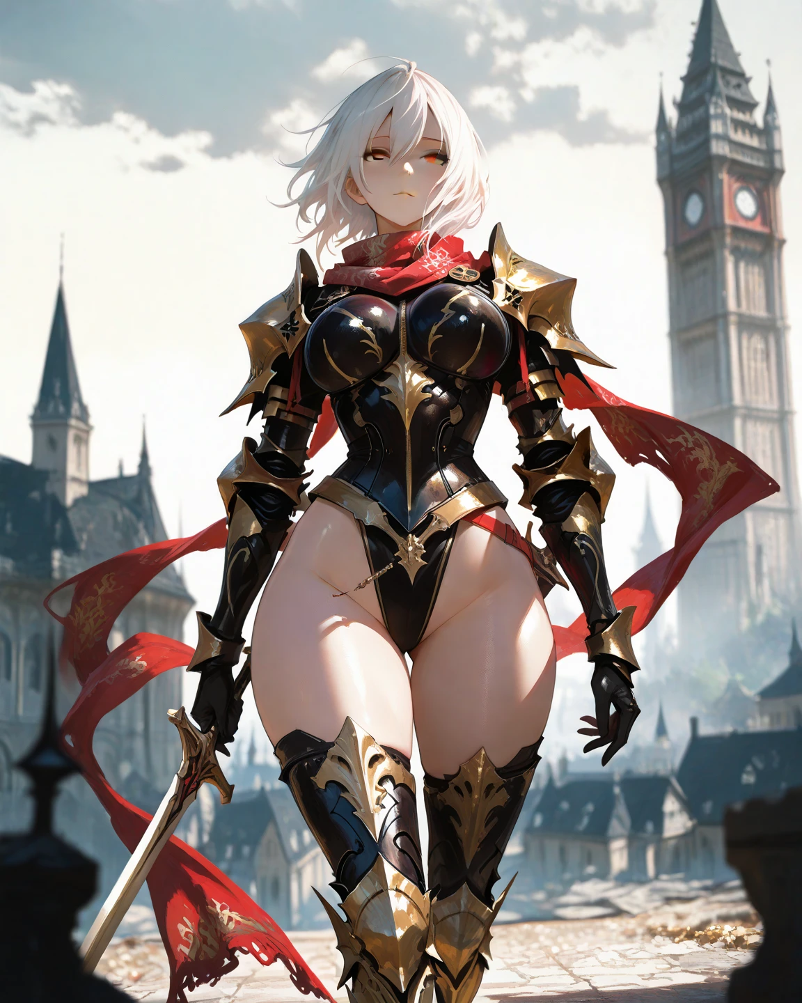 (masterpiece, best quality), (Official art, masterpiece, 8k, ultra-detailed), ultra-detailed, photo of a beautiful 32 year old woman, ((dark skin)), white hair, wearing round glasses on her face, eyes red and yellow, wearing a tight black jumpsuit, with light armor, large, ultra-detailed breasts, (ultra-detailed face), (1 dark-skinned woman), long white hair, ((((Heterochromia in eyes, ultra-detailed red and yellow eyes)))), (very detailed eyes: 1,2), (((ultra-detailed red and yellow eyes))), heterochromia of red and yellow eyes very well presented, (wearing round glasses on the face very detailed: 1,2), well designed glasses, ((gauntlets and high heel boots)), witch items, belts, (ideal body proportion), ((black jumpsuit with light armor)), ultra detailed character, wallpaper, pinterest, Fantasy Art, (Fantasy art), fantasy scene, (medieval magic village), wallpaper, pinterest, front photo, exterior, cinematic photo, natural light, beach photo, wallpaper, pinterest, badass image, perfect photo, volumetric lighting