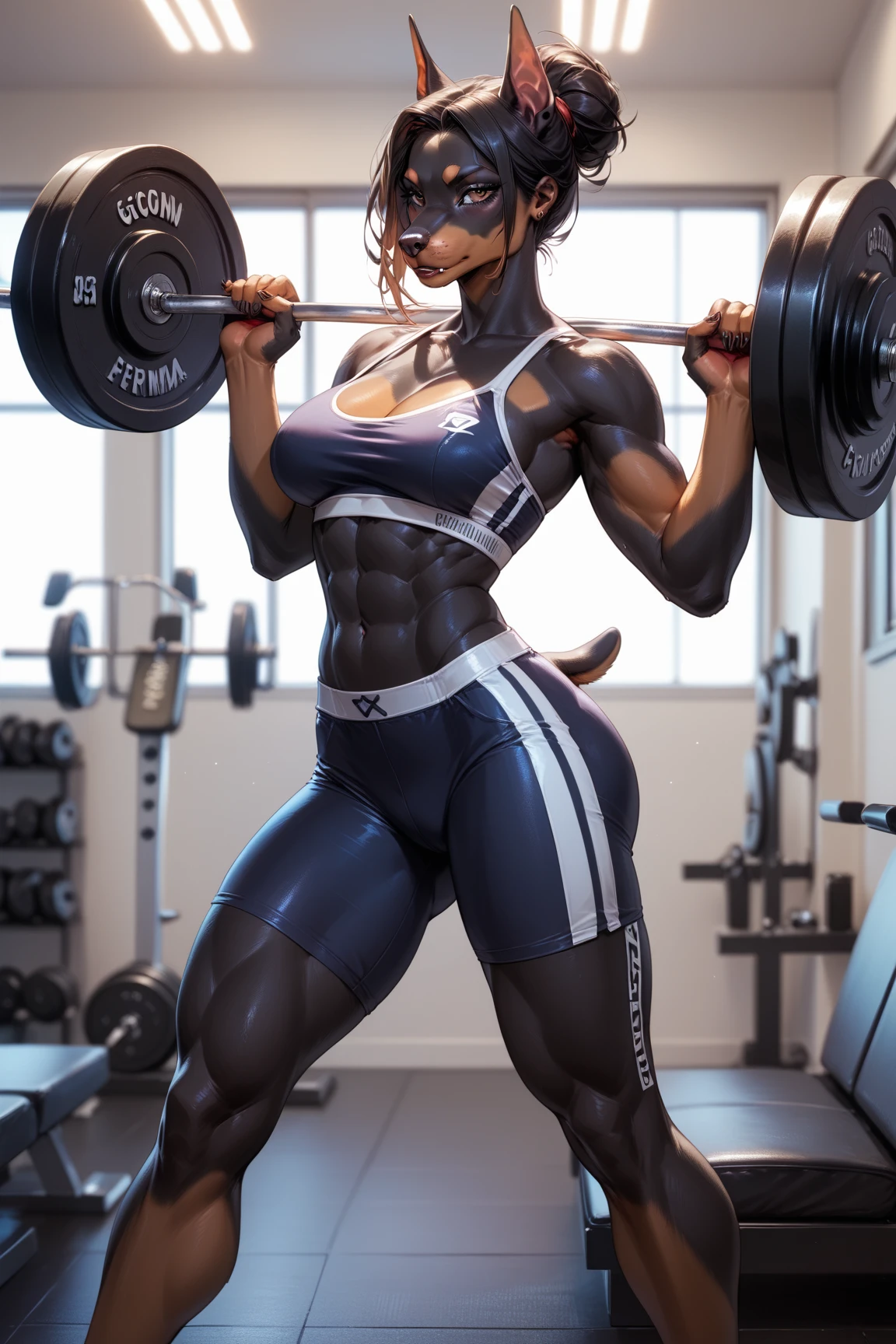 (anthro)) werewolf, Ross Tran, by ruan jia, by zaush, by foxovh, by cutesexyrobutts, by cervina_7, by sligarthetiger, Best Quality, masterpiece,, Illustration, Wallpaper,1girl in, Solo, black hair,ponytail hair, hair black with highlights blue, dot piercings 3 in 2 row down her snoot, purple/pink eyes, Beautiful detailed girl, extremely detailed eye and face, black dragon tattoo on her arm, Beautiful detailed eyes, natural_Lighting, Looking at Viewer, Thick_thighs, big ass, tall, hourglass figure, fit body, abs, muscular, sweaty, female, cute, wearing gym cloths, in gym, bench pressing, lifting bar with weights, view from top to bottom , large breasts, natural breasts, tail, tall, happy expresion, wide hips thin waist, 8k