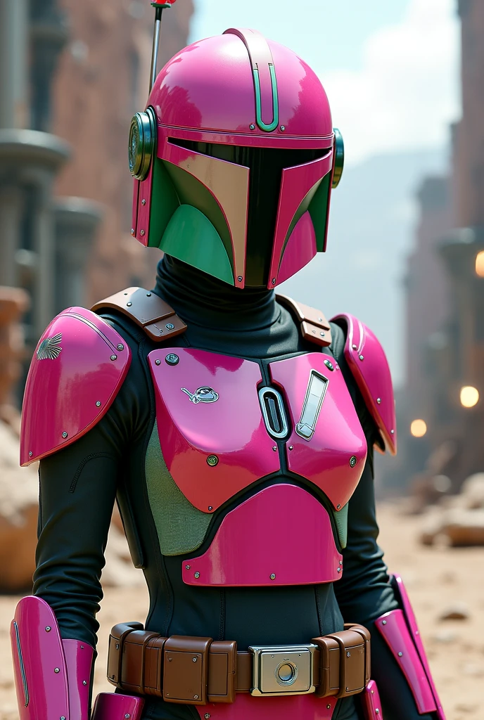 Futuristic, Mandalorian, Pink and green armor, Female, Small, Petite, shy