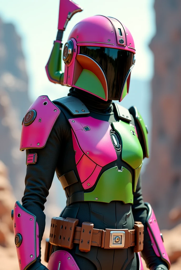 Futuristic, Mandalorian, Pink and green armor, Female, Small, Petite, shy