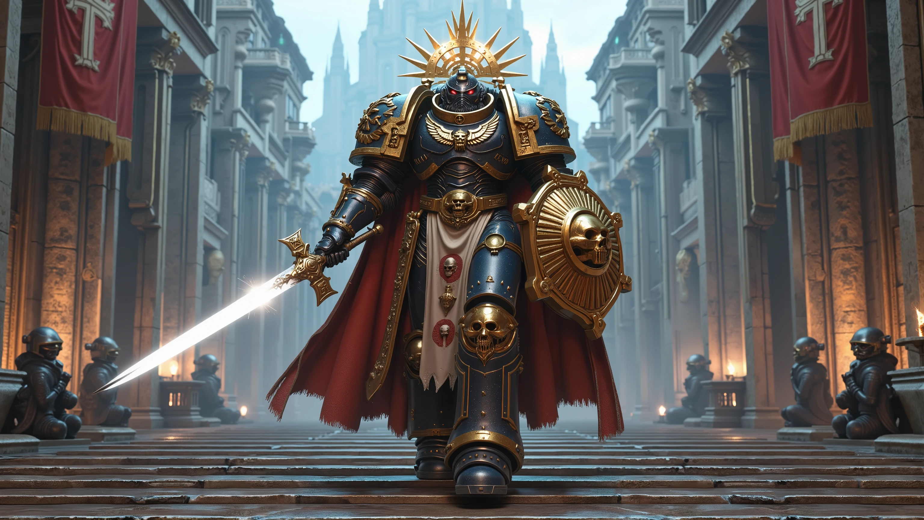A regal futuristic space marine representing the ideology of Monarchism, walking down marble steps of a throne-world citadel, dramatic atmosphere, 1 male

He wears ornate golden and royal blue power armor, detailed with exquisite engravings of crowns, thrones, and dynastic emblems. His chestplate is sculpted with lion heads and laurel wreaths, and the imperial crest of a sun-crowned scepter rests at its center. His pauldrons are massive and flared, bearing the marks of noble bloodlines.

His helmet is crowned with an integrated golden circlet — not decorative, but fused into the armor as a birthright. The visor glows white with a soft divine shimmer. A flowing velvet cape in deep crimson trails behind him, its edges stitched with golden thread and ancestral symbols.

In his right hand, he carries an energy longsword styled like a ceremonial royal blade. In his left, he holds a hexagonal command shield marked with the seal of the realm. His armor is polished to brilliance, showing power, legacy, and divine appointment.

The background reveals an imperial citadel — spires of crystal and gold stretch into the sky, lined with kneeling royal guards. Statues of past rulers line the path he walks, as the banners of the royal house ripple in the breeze.

Shows full body, majestic and composed stance, full ceremonial armor, royal dominance and command

Photorealistic, masterpiece, realistic, high contrast, cinematic lighting, 8k, ultra detailed armor textures, best quality, ultra high resolution, no text, hyper realism, dramatic shadows

