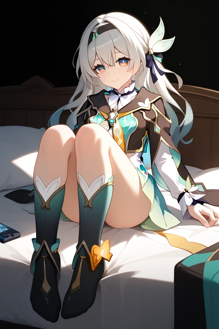 1girl,a girl named liuying,liuying,long sleeves,long hair,high quality,black hairband,(purple eyes:0.6),light smile,black capelet,green dress,full body,grey hair,bare legs,<lora:æµè¤21-000011:0.9:lbw=char>,sitting,spread legs,indoors,bedroom, (masterpiece,best quality:1.2),absurdres, high quality,
