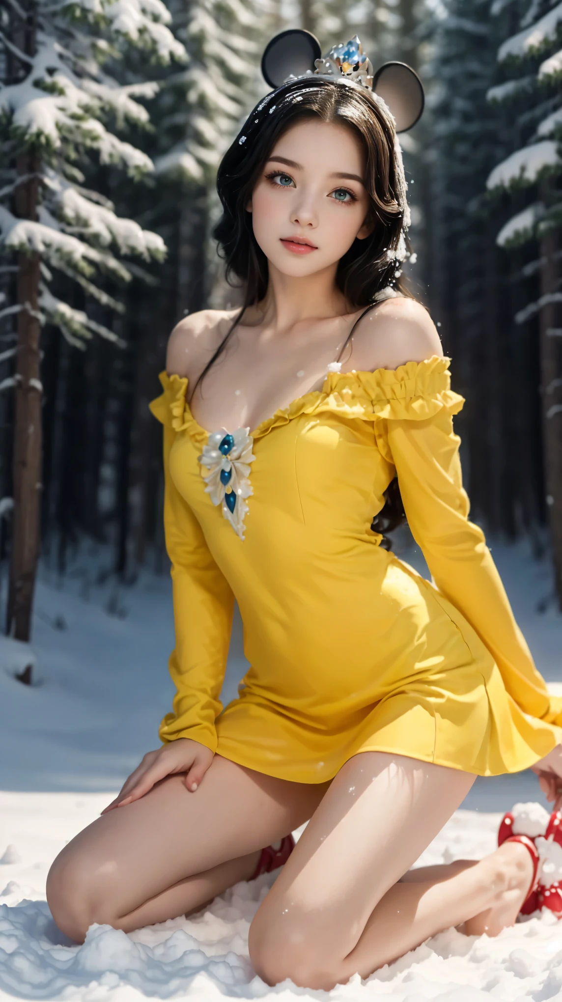 ((1 menina)), obra-prima, (kneeling, best rendering ), (Pretty Girl, Snow White), (Bomba, pin-up style), quente, fio dental, perfect body, araffed Snow White in a yellow dress with a red bow, sexy Snow White, portrait of Snow White, pale Snow White skin, . Snow White hair, disney princess, beautiful female princess, Anime princess, Arte HD, official art , Disney cartoon, beautiful princess, forest background, Long and thin legs , big breasts, pose sensual, vibrant colors, Belle, PERSEPHONE