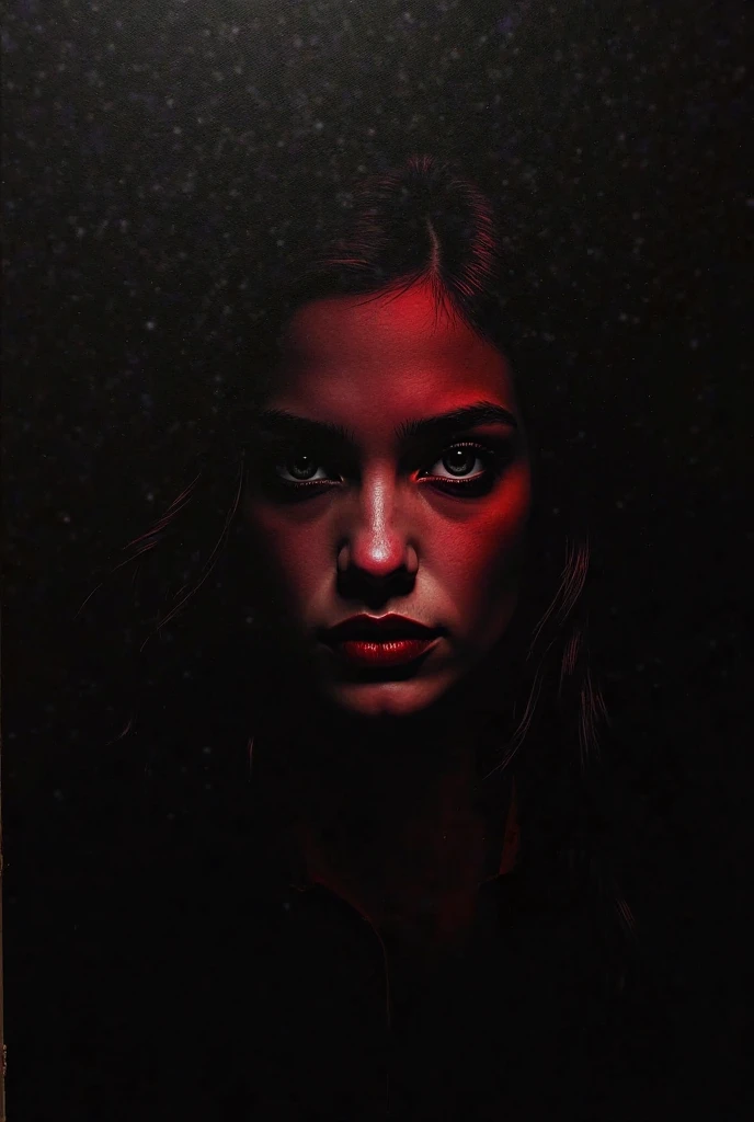 painting of a a waist-length portrait of a beautiful woman with light eyes, in a red shirt, 35 old, the play of light and deep shadow on her face, dark atmosphere, cinematic scene, volumetric lights, ultra realistic, in the style of nicola samori