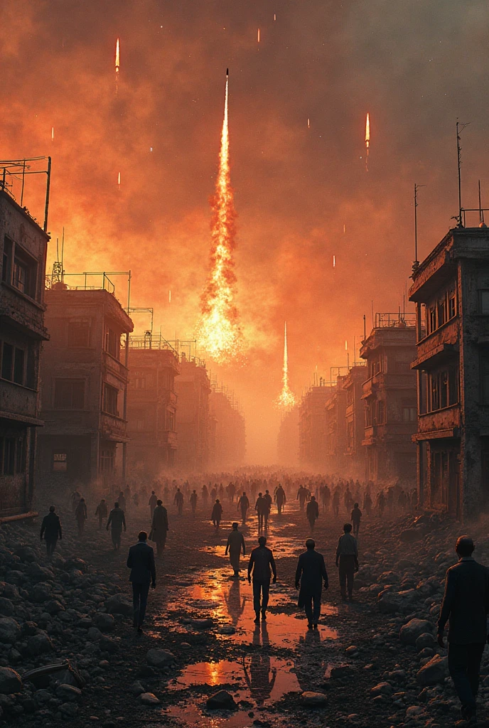 Create the image of a fire in a vacant lot with people and destruction from the explosion but in comic form