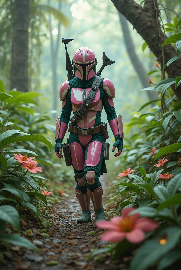 Futuristic, Mandalorian, Pink and green armor, Female, Small, Petite, in a jungle
