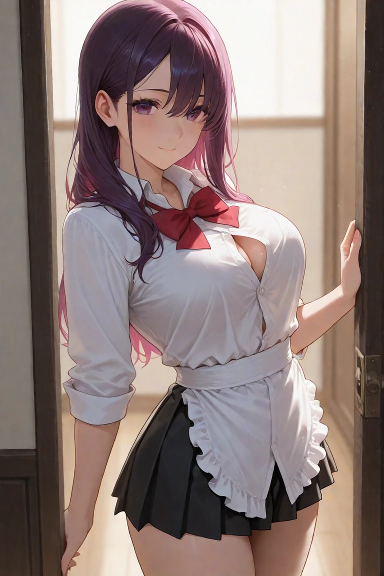 (((Masterpiece))), (((high resolution))), (((8k))), (((Perfect face))), (((korean idol))), 21 years, (Red skirt), (fitted blouse), (big breasts), Look at the camera, ((top quality eyes)), high quality face, Detailed texture, 
Detailed image of a 21-year-old girl with a katana featuring green, purple, and lilac tones on the scabbard, long white hair, wearing the Hashira uniform from Demon Slayer, with purple eyes that have lilac tones.
