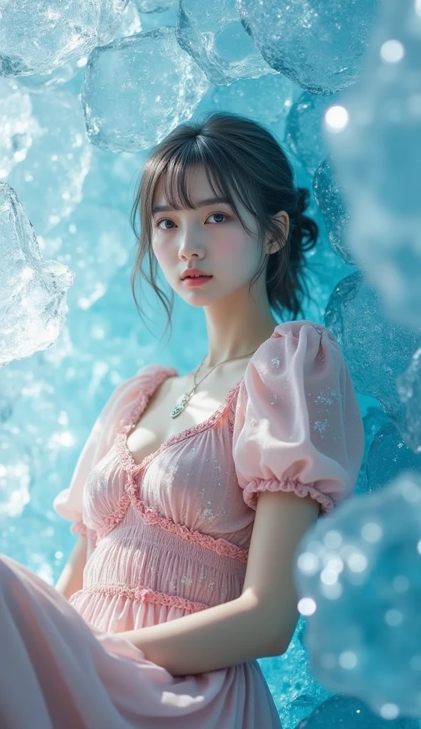masterpiece、highest quality、cinema、(Detailed both eyes)、(cute japanese woman、bangs:1.3)、23 years old、1 girl、elegant、black hair、(auraroid photo:1.2)、huge cleavage、wet hair