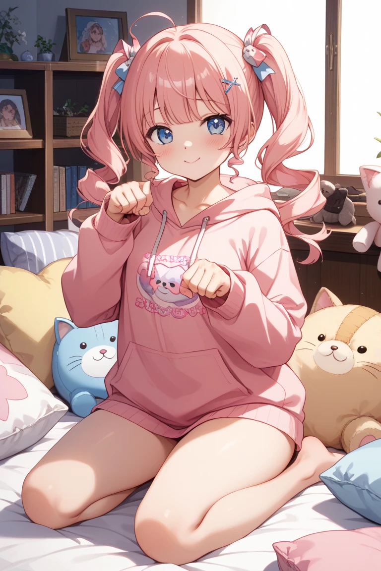 score_9,score_8_up,score_7_up,masterpiece, top quality, best quality, official art, beautiful and aesthetic, animation, , 1girl with cat ear, perfect figure, pink hair, complicated details, bedroom, happy, playing games, cute, hooded pajamas, long cotton socks, small slippers, pink long hair ,