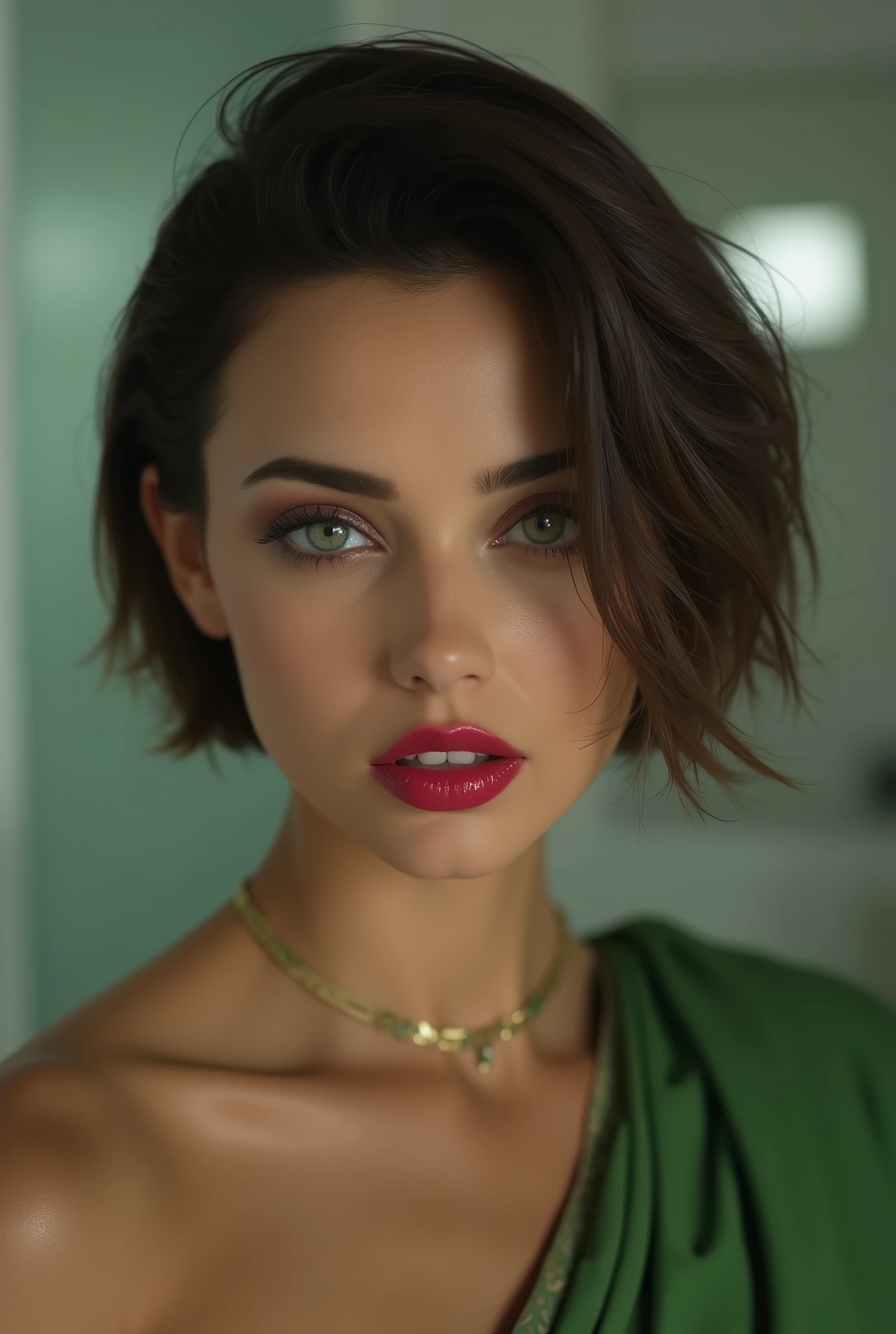 Amazing portrait of a sexy woman with her short hair in a bob style and her face covered with lots of makeup gazing at us seductive with her perfect red lips parted wearing a green saree in an empty bathroom