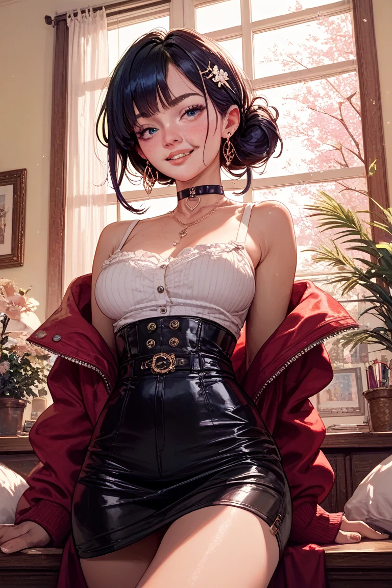 <lora:add_detail:1>
1girl, Wide hips, narrow waist, naughty smile, Skindentation, blush, office lady, cleavage, white shirt, black skirt, ribbon, looking at viewer, belt,  <lora:nananightray:0.7>, nananightray,
