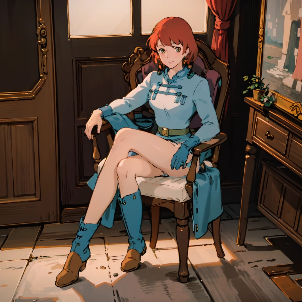 masterpiece, high quality, 1 girl,, (masterpiece:1.4), (best qual:1.4), (High resolution:1.4), 1 girl, redhead, brown eyes, Cumming face、Nausicaa, sit on a chair, No panties, high boot, colorful, whole body, ghibli style, software, spread your legs and masturbate,Expand your vagina、expression of ecstasy、show your chest、show your chest、expose the inside of the vagina,Exposing the crotch、show the inside of the vagina,ejaculate into the vagina,massage the breasts