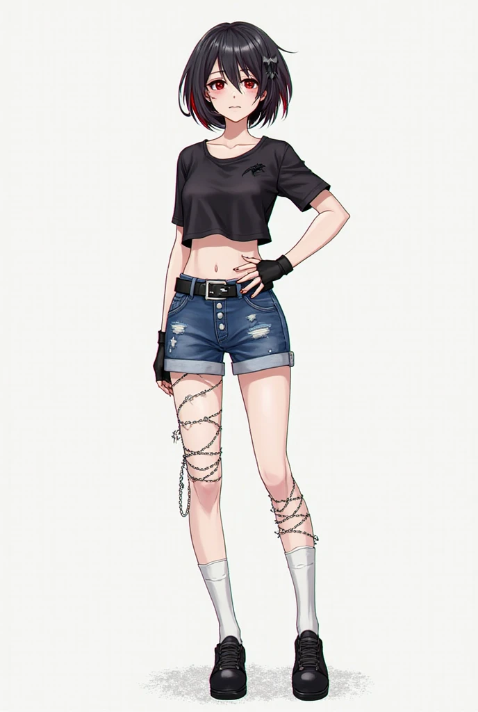 Anime goth girl with black hair and black lipstick, 17 years old, wearing fishnet stockings, a very revealing shirt and pants, full body shot down to her toes, smiling on a white background.