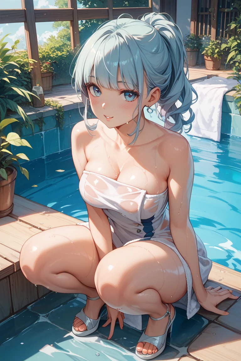1 beauty, Light Purple Eyeshadow,platinum-blonde-hair, Watery Big Eyes,Beautiful constriction,Toothless smile,long eyelasher,Blushlush, in poolside, Wet whole body, ((Platinum Color Bikini Swimsuit)),(wet and disheveled hair:1.4),bustshot,Dynamic Angle Zoom, hand between legs:1.2, Perfect fingers, Large jets of water emanating from the front,(Fine splash to the face:1.6), Splashes shine:1.6, fine splashes on the body,stick out your ears,High-speed camera、facefocus
