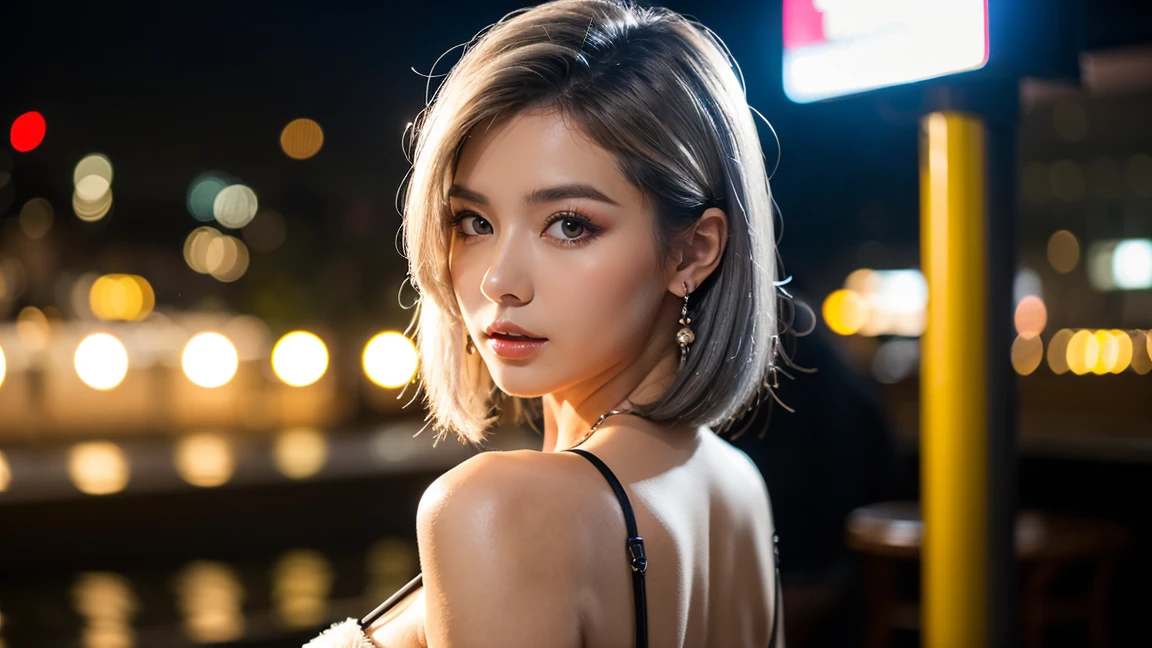 ((best quality)), ((masterpiece)), (detailed), perfect face, full body, (best quality, highres, ultra-detailed, realistic:1.37), grey-haired girl looking back over her shoulder, rolling her eyes, wearing a hair ribbon. The girl's hair is textured and the lighting is from above, creating realistic shadows