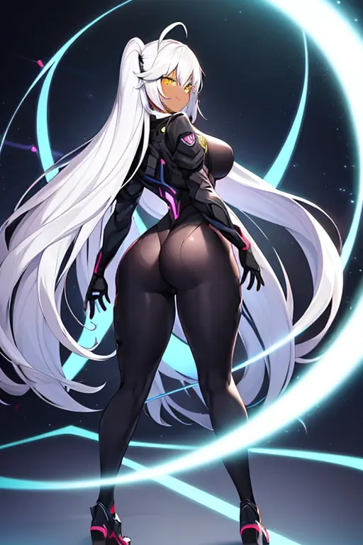 1girl, white hair, long hair, large breasts, breasts, wide hips, green eyes, smile, bodysuit, red bodysuit, black thighhighs, thighhighs, green trim, sleeveless, black pantyhose, pantyhose, futuristic, tech, science-fiction, full body, ((full body)),