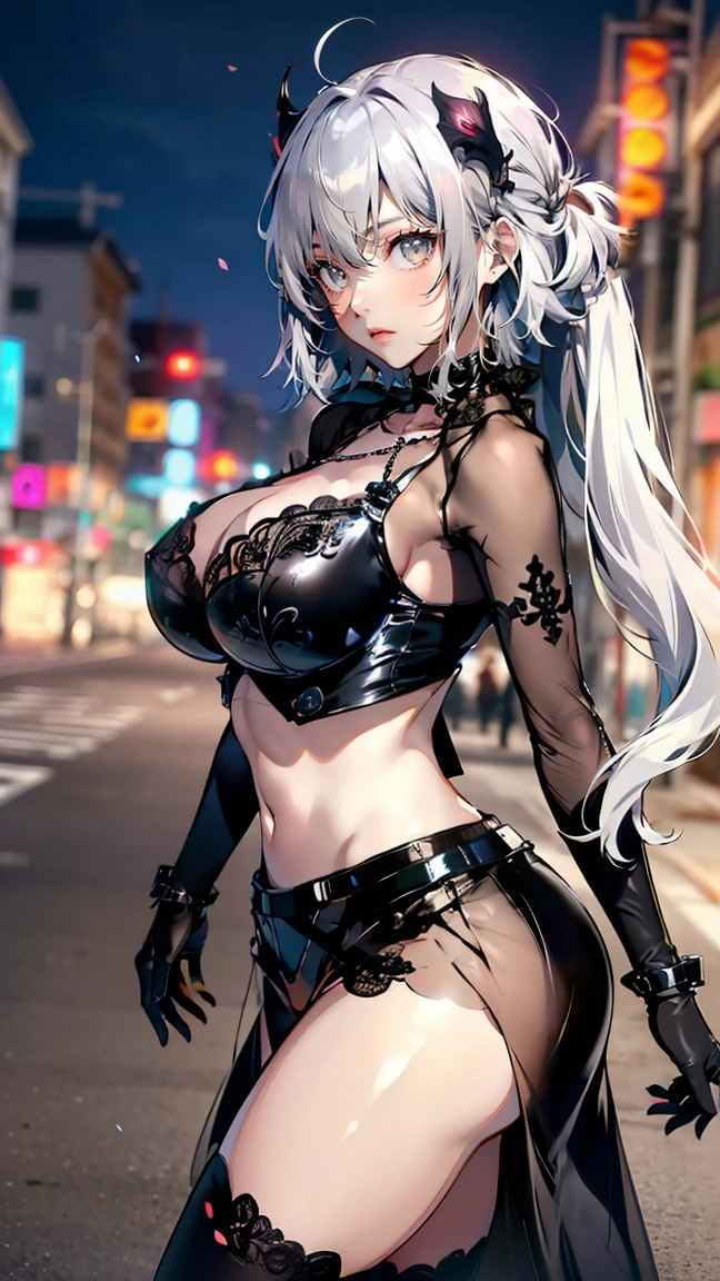 ((((Masterpiece)))), beautiful details, perfect focus, smooth 8K wallpaper, 4320p, high resolution, exquisite texture in every detail, perfect eyes very high detailed, perfect pupils, sclera_eyes_detail, eyes:1.2, human anatomy correct, pastel, hyper_detailed:1.5, (masterpiece), (picture-perfect:1.4), poto, 4k, UHD, high_resolution, very_high_resolution, ((1girl elf)), (18 years old), solo, long hair, heterochromia eyes, red_blue eyes, breasts, skirt, gloves, dress, bare shoulders, ((((gigantic_breasts)))), outdoors, white hair, choker, black gloves, belt, black skirt, clothes lift, black dress, side ponytail, thigh strap, white bra, white panties, pussy.detailed, tight black thigh high stockings, torn torn clothes, skirt lift, lifted by self, black belt, front_view, ((from_below))