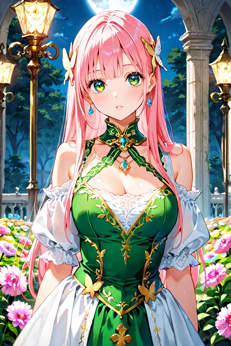 Convert your flower art into illustration.、Create backgrounds with vibrant colors and unique touches　The type of flower is statice、Gypsophila、sweet pea、Mix in some lace flowers, big breasts, cleavage, pink hair, green eyes, (green highlights), green braids, standing, contrapposto, sexy pose, thick thighs, thigh highs, lingerie, arms resting behind, ulzzang, big green sparkling eyes like gemstones,
