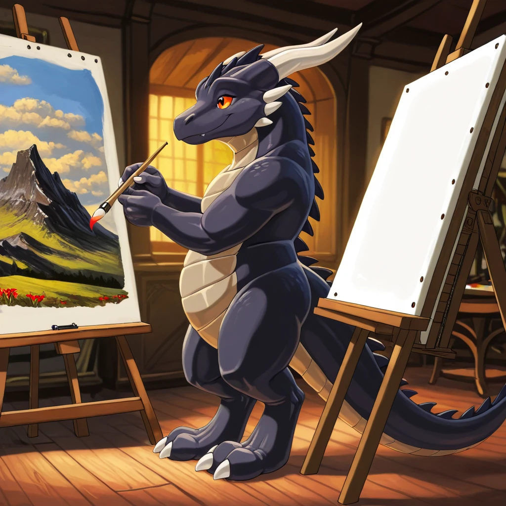 male, anthro, dragon, yellow eyes, yellow sclera, white horn, (colorful fin:1.2), loincloth, tail, sitting in front of the canvas, is painting, atelier room, 4k