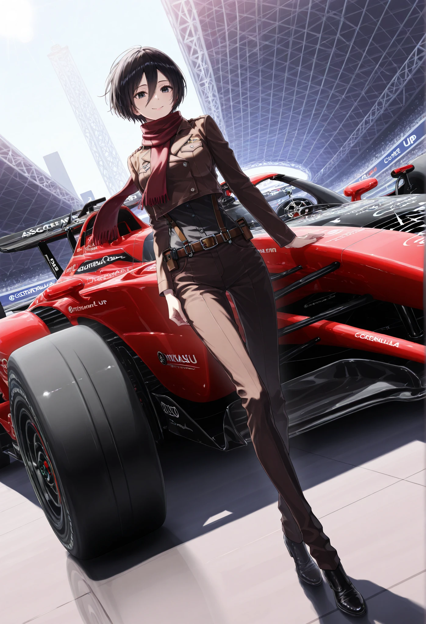 core_9, score_8_up, score_7_up, super detail , high details , high quality , best quality , highres , 4K Dynamic angle, front, Mikasa Ackerman, standing, full body (A woman stands next to a formula car) uhd , retina , masterpiece , ccurate , anatomically correct , textured skin (Black short hair) smile Red Formula car
Stand on the grid at the circuit
Sunny day with spectators in the stands lens flare