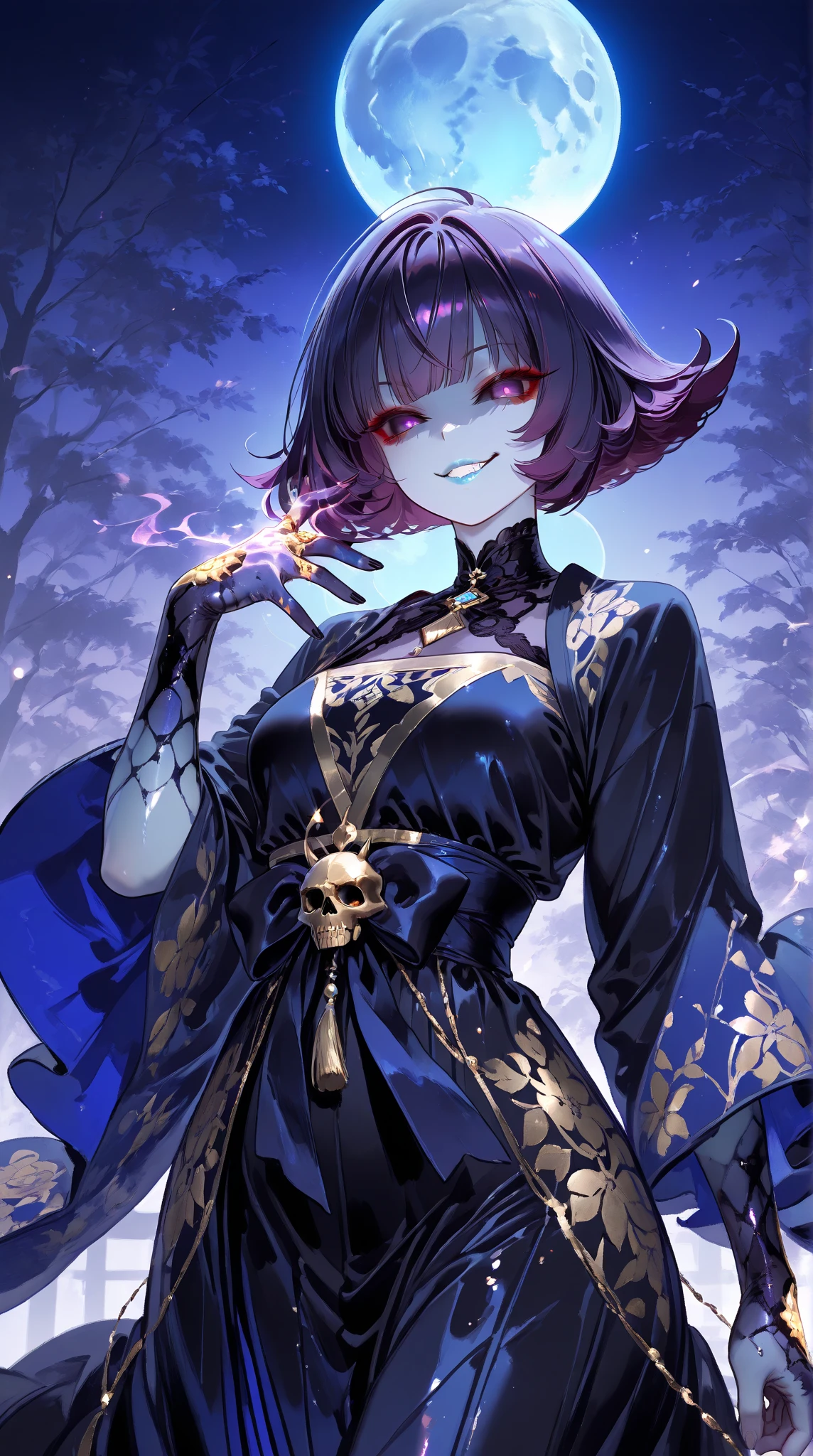 Girl in a gothic dress. she is wearing a black dress. One of her hands became a scorpion scissors. Scorpion's tail. Silver hair. Eye patch. an eye patch. One of her eyes is covered. Mini skirt. Black boots. Yellow eyes. Yellow Crystal Hair Accessories. Black umbrella small top hat on her head. Many wings. Full body image.