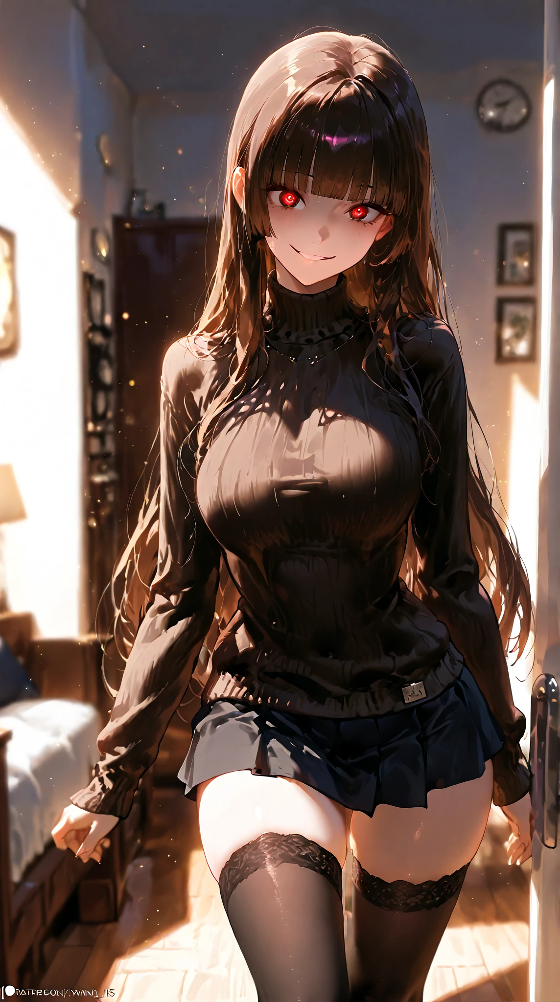((Highest quality)), ((masterpiece)), (detailed), One person,Age 25,(Black knit sweater),(mini skirt),Shoulder Bare,Big Breasts,blush,Underbust,(Her cleavage is visible),(Excited expression),(Seduce),night,indoor,ruins,nightのruins,Dim lighting,(In a dimly lit room),(In a messy room),Browsing Caution,sexy,dirty,Sweat,(Black knee-high socks),