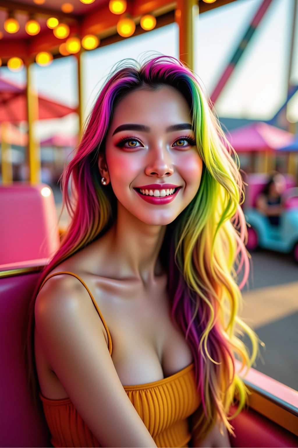 Colored inner hair, Sunglasses on the head, Amber eyes, Shy, Blush, suprerralistic, Motion blur,, macro photograph, 8K, Super detail, hyper HD, A high resolution, 16k，1girll