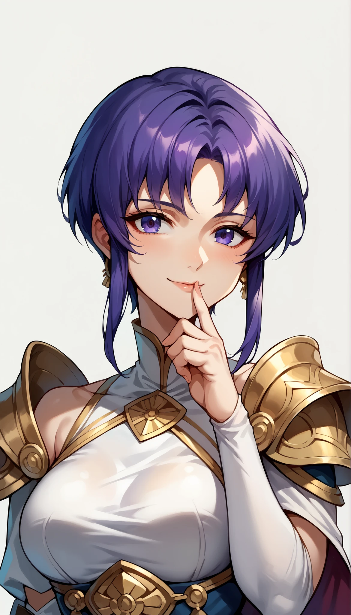 1 Female, simple background, white dress, dress with frills, shoulder out, See-through Ear Covers, Elbow pads, Pat yourself on the cheek with your finger, Ursula (Fire Emblem), short hair, violet hair, upper body, medium breasts, kind smile, closed his mouth, Ursula,