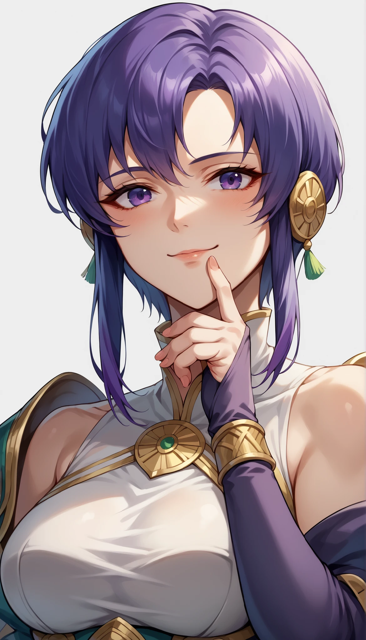 1 Female, simple background, white dress, dress with frills, shoulder out, See-through Ear Covers, Elbow pads, Pat yourself on the cheek with your finger, Ursula (Fire Emblem), short hair, violet hair, upper body, medium breasts, kind smile, closed his mouth, Ursula,