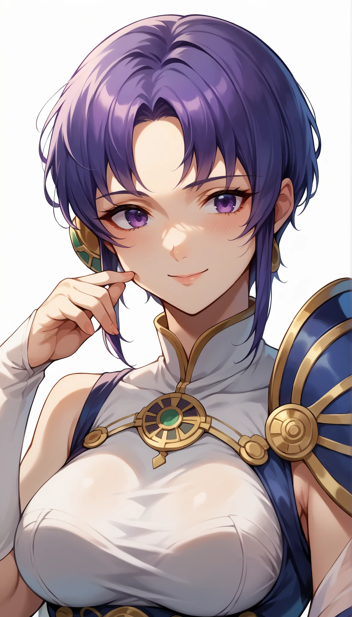 1 Female, simple background, white dress, dress with frills, shoulder out, See-through Ear Covers, Elbow pads, Pat yourself on the cheek with your finger, Ursula (Fire Emblem), short hair, violet hair, upper body, medium breasts, kind smile, closed his mouth, Ursula,