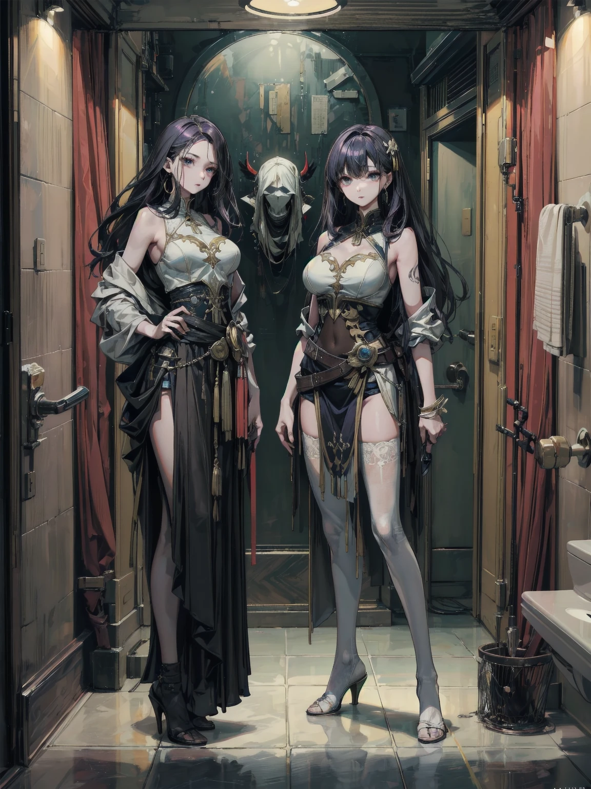 tmasterpiece，The beautiful goddess of the void wears a hood，fully body pose，sideface，facing away from the audience，Gorgeous clothes with gold patterns，Full body white transparent bikini，Clear silk，Full-body standing，180cm tall，Slender legs，detail in face，Detailed body part details，8k wallpaper