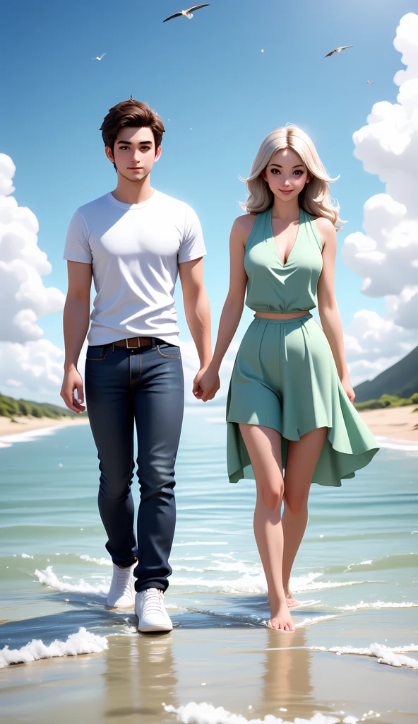 Masterpiece, 2others, couple, 1boy with 1girl, different heights, different hair color. Long blonde hair and grey eyes girl, AS-Adult girl, long-haired girl, blonde hair girl, wavy-hair girl, medium-breasts girl, sky blue bikini girl, grey eyes girl, curly-haired girl, no bangs girl, symmetrical face. 
Short blonde hair and sky blue eyes boy, AS-Adult boy, wavy hair boy, amazing physicality boy, shirtless and jeans boy, boy, wavy-hair, totally-clean-shave.
Symmetrical, smooth, clean shave focus, illustration, realistic, artstation, award winning photography, octane render, cinematic lighting from the right, hyper realism, octane render, 8k, depth of field, 3D, 
1boy with 1girl
The couple has Symmetrical, smooth, sharp focus, illustration, realistic, artstation, award 
winning photography, octane render, cinematic lighting from the right, hyper realism, 
octane render, 8k, depth of field, 3D The couple is hugged. The couple is into water. They look at the viewers. Background waterfalls