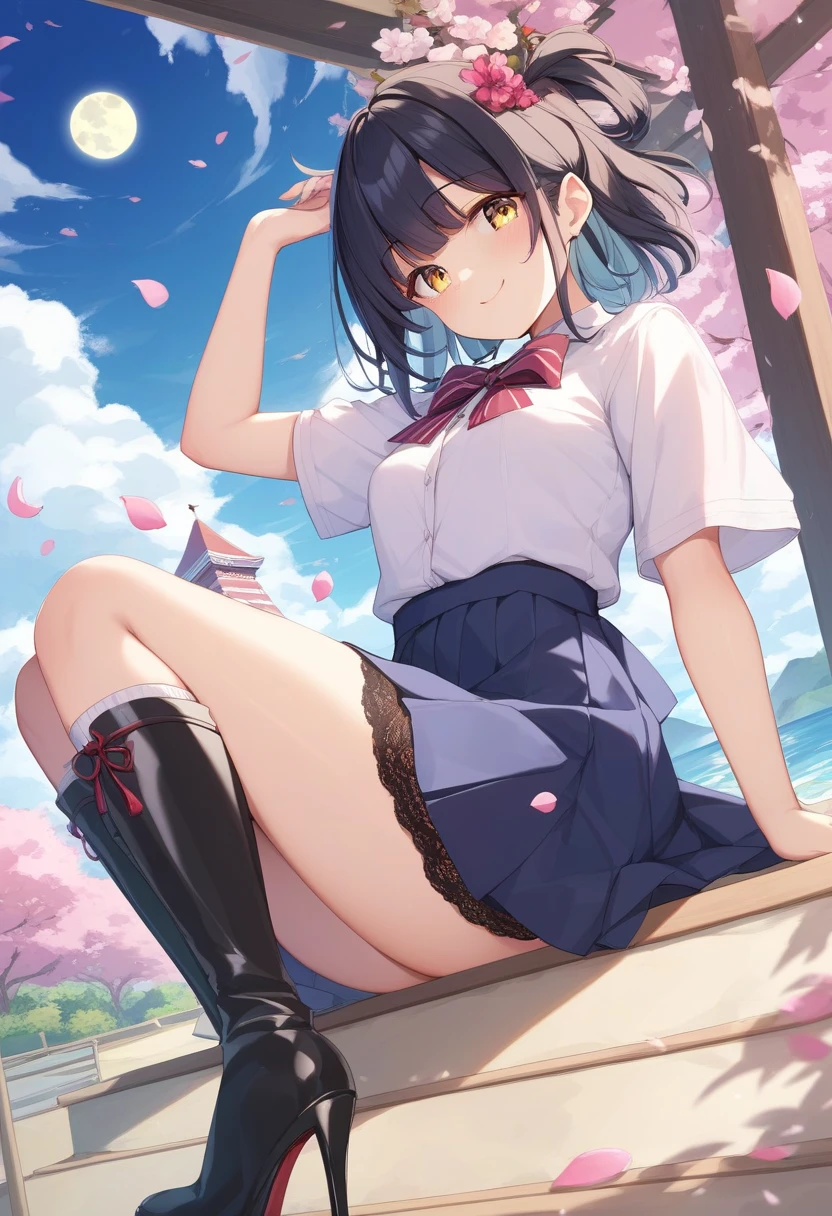 ​(Best quality, 8K, Masterpiece:1.3, 1 girl, solo, Beautiful girl), cute, Dynamism, Detailed face, Detailed skin, detailed clothes, Detailed eyes, Detailed lips, Detailed tongue, Detailed fingers, Detailed mouth, Photorealistic, Raw photo, highres, hight resolution, Natural lighting, dynamic pose, perfect anatomy, toned legs, double eyelids, tear bags, round eyes, moist lips, sweaty, blush, school uniforms, buttoned white shirt, jacket, pleated skirt, tie, embarrassed smile:1.2, wind, cowboy shot, outdoor, cherry blossom, grabbing crotch, pov, from below, open legs, one eye closed