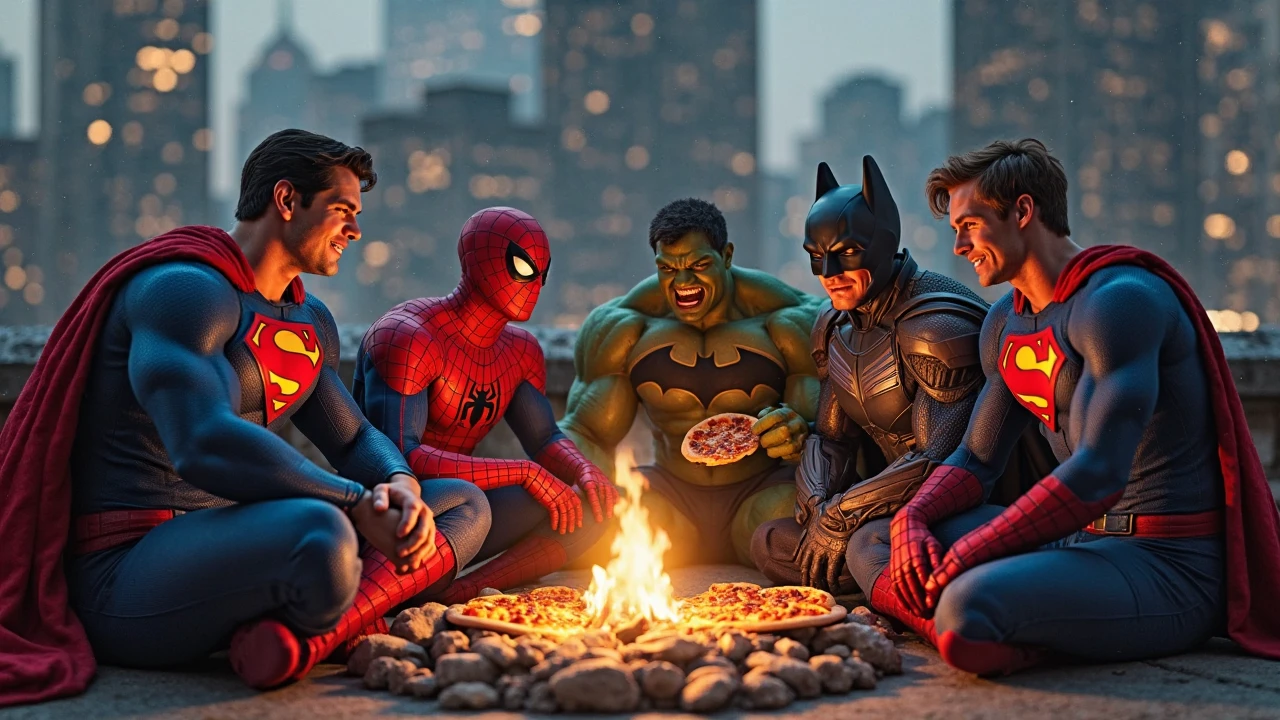 The Avengers are all gathered in a cozy living room, decorated with colored lights, soft pillows and blankets. Each Avenger wears pajamas that reflect their personality and usual attire.. Captain America is wearing blue pajamas with white stars, while Iron Man wears red and gold pajamas. Thor has gray pajamas with little hammers printed on them, and Black Widow wears elegant black pajamas. the hulk, A sua volta, has purple pajamas with cuff designs.
They are sitting around a low table full of snacks., like popcorn, sweets and cupcakes decorated with their symbols. At the center, a television shows a superhero movie, while everyone looks relaxed and excited. Spider-Man is hanging upside down from the ceiling, holding a bucket of popcorn.
on the wall, there is a colorful banner that says "Super Pajama Party GPC", with smiling faces. The room is softly lit, creating a warm and fun atmosphere, while everyone enjoys the moment together.