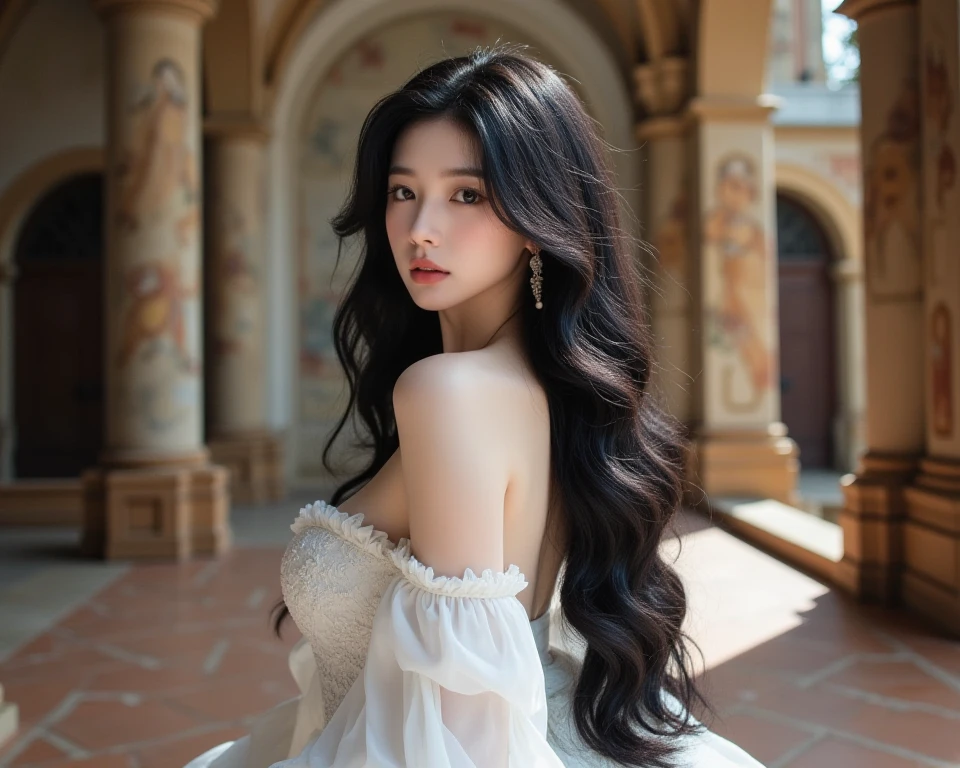 (the street:1 girl with brown hair,standing on your feet), tmasterpiece, best qualtiy, RAW photogr, realisticlying, the face, Incredibly Ridiculous res,, ear studs, (Long flowing brown curly hair),eye shadows,White off-the-shoulder long dress,Long skirt,white legwear,(Plain white flats+),Jade foot,depth of fields, A high resolution, ultra - detailed, filigree, RAWE is very detailed, very detailed eyes and faces, Sharp pupils, realistic pupil, tack sharp focus, cinmatic lighting,full bodyesbian,Bigboobs,long leges,From the front side,dynamicposes,Normal posture,closeup of face