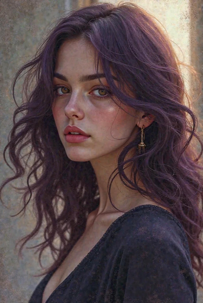 A stunning young woman with long, flowing purple hair, styled in loose waves that shimmer under soft lighting. Her face is radiant, with expressive eyes and a warm smile.