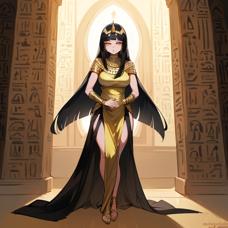 Sekhmet, the Lioness Goddess of War, appears as a formidable and fierce deity, embodying the raw power and ferocity of a lioness. Her golden skin gleams under the Egyptian sun, adorned with intricate hieroglyphic tattoos that pulse with ancient magic. Her mane of fiery red hair flows wildly around her head, framing her piercing eyes that burn like molten gold. Sekhmet's regal attire consists of a feathered headdress and a flowing linen dress adorned with golden jewelry and amulets symbolizing protection and war. In her hands, she wields a double-bladed axe made of celestial bronze, a weapon that crackles with divine energy and embodies her role as a warrior goddess. Her presence commands respect and awe, embodying both the destructive power of war and the protective aspect of a fierce guardian.