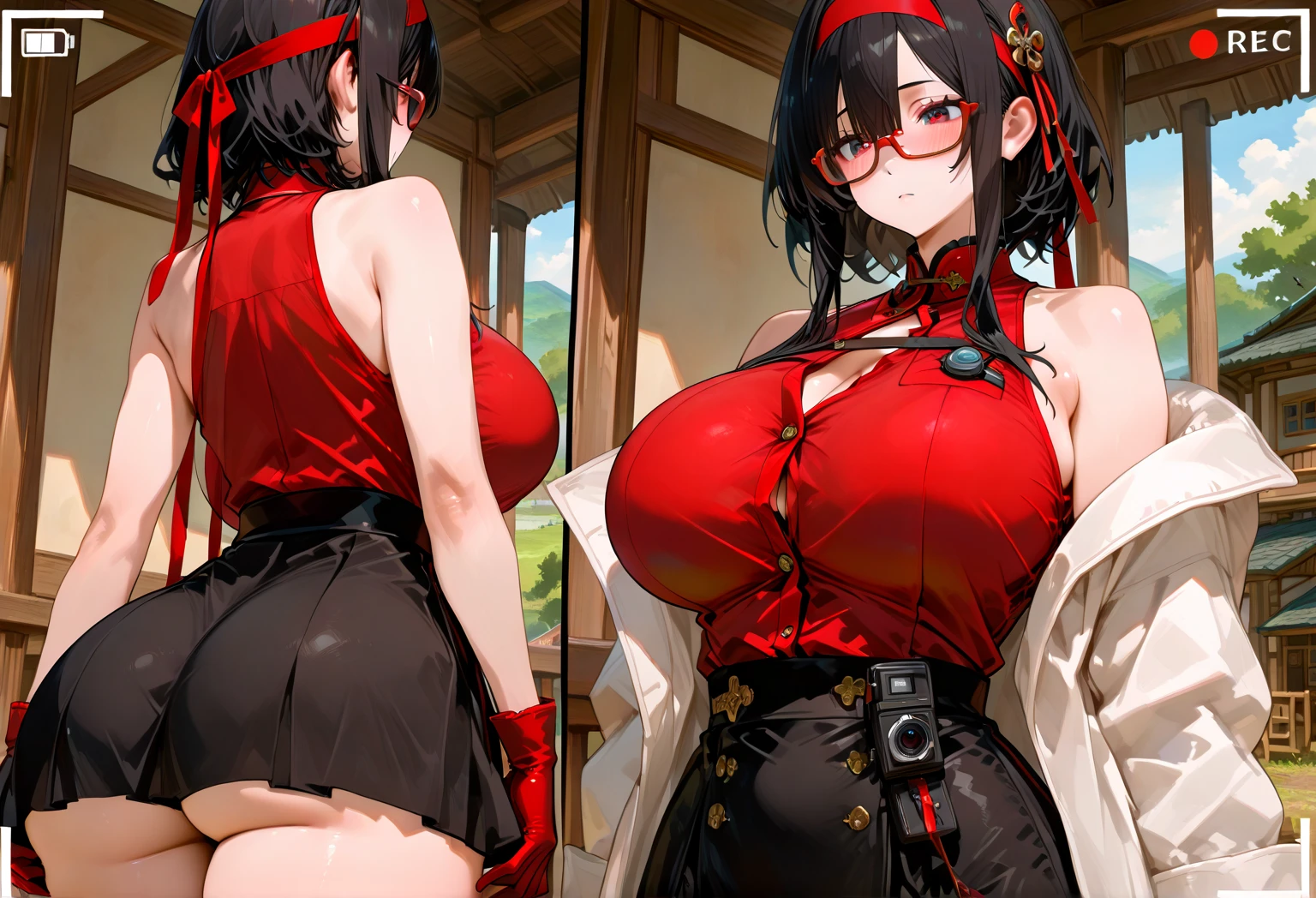 1woman, 40 years old, Arabic, middle eastern, Muslim, wearing Silk Hijab, glasses, PVC crimson red bra and corset, Fishnet bodysuit, glossy red lips, lips so delicious, high heel, butterfly tattoo in belly, polished nails:0.91, huge breasts, private parts slightly visible, in a corporate environment, doing a job interview, inside company building, setting on a desk, answering the phone, computer on desk, pencil, Cinematic lighting, 1man, boss behind the women, telling her what to do.