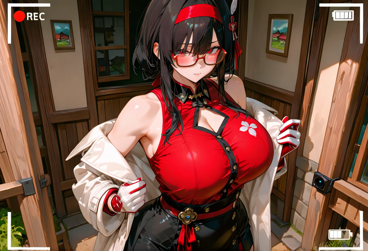 masterpiece, best quality, 4k, 8k, 1girl, solo, long hair, blunt bangs, side braid, black hair, droopy eyes, big eyes, ruby red eye, lemon yellow  eye, heterochromia, slender frame, evil smile, large breasts, ofuda, jiangshi costume:1.2, fang, horror, coffin, forest, midnight, fog, from front, cowboy shot, look at viewer, paw pose,