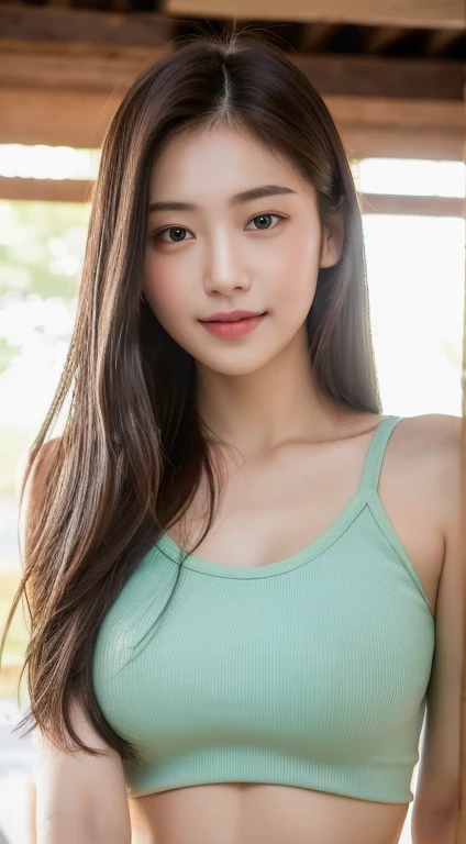 realistic photos of 1 cute Korean star, multi-tied hair , white skin, thin makeup, 32 inch breasts size, slightly smile, green tank top, pants, in the market, sunset light, close-up portrait, drop shadow, UHD